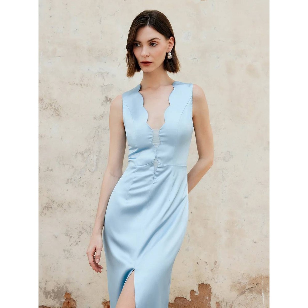 Commense Light Blue Sleeveless‎ Formal Dress Scalloped V Neck Slit Occasion XS